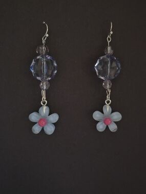 Blue Flower Drop Earrings with Pink Center